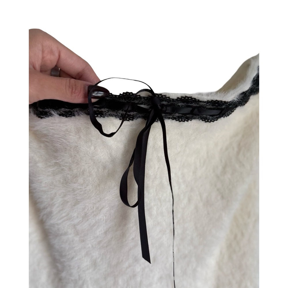Lulus Cream Fuzzy Eyelash Knit Mini Dress Black Lace Trim Ribbon Tie Medium NEW - Picture 5 of 6